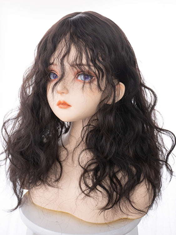 Black Brown Curly Long Synthetic Wig with Curly Bangs