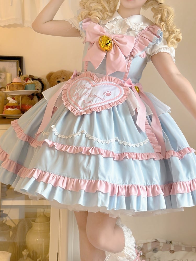 Blue and Pink High Waist Jumper Skirt with Heart Apron and Wristcuffs