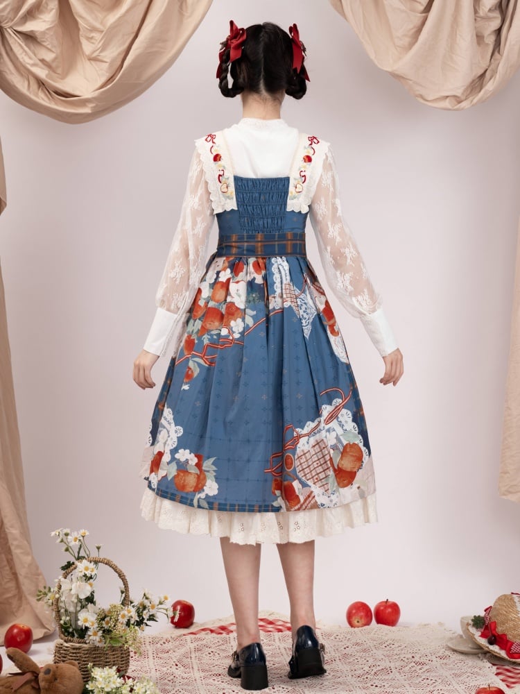 Apple and Floral Embroidery Square Neckline Blue Jumper Skirt