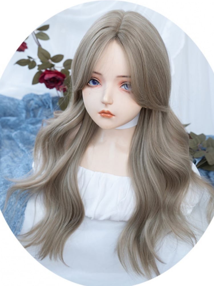 Curtain Bangs Long Wavy Milk Tea Linen Color Synthetic Wig