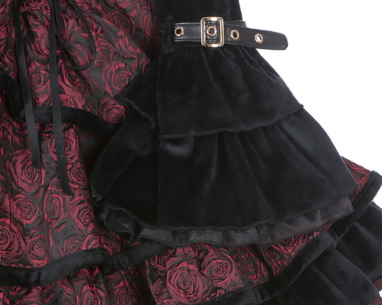 Rose Pattern Wine Red Sweetheart Neckline Gothic Jumper Skirt Lace-up Detail