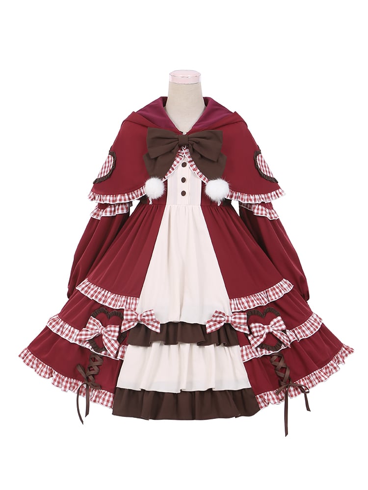 Little Red Riding Hood Full Set - Bowknot Details Empire Waist Sweet One Piece + Hooded Cape