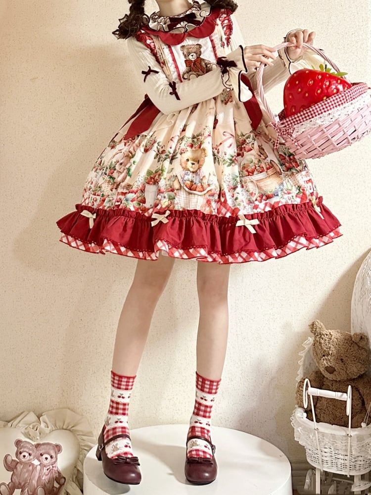 Bear Embroidery and Strawberry Print Red Sweet Jumper Skirt