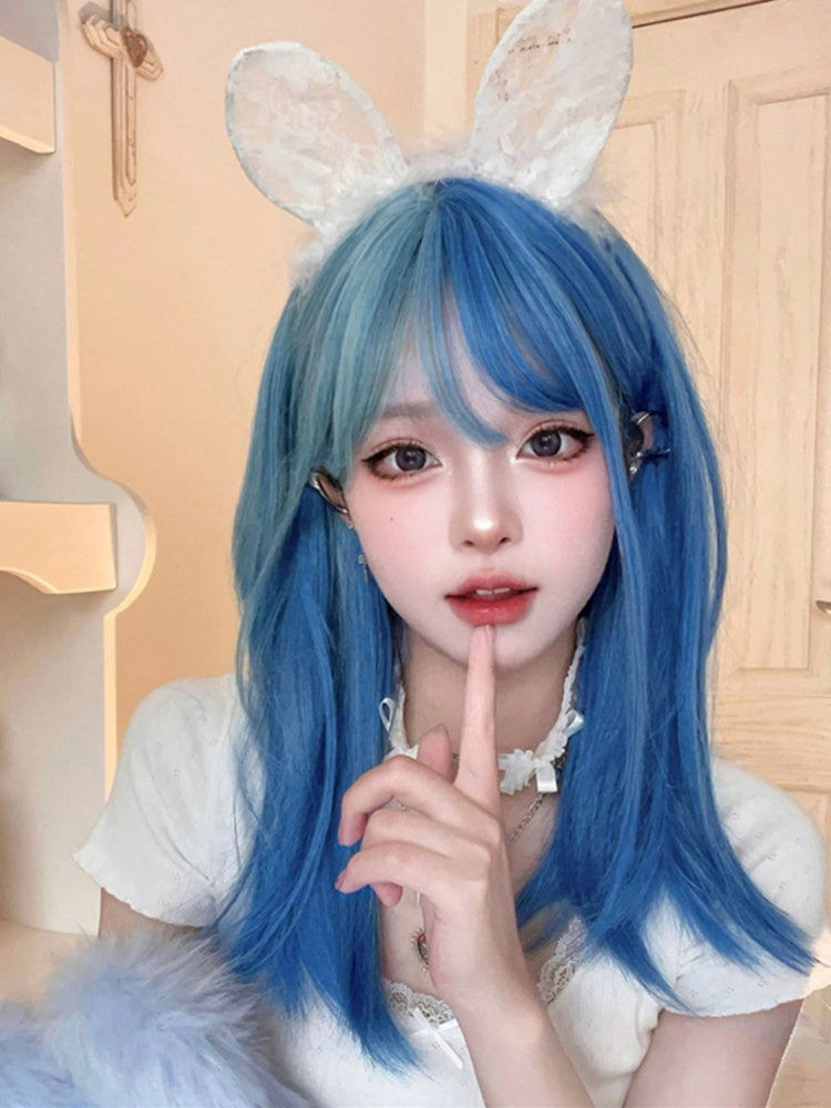 Split Color Bangs Cyan Highlights Sky Blue Straight Synthetic Wig