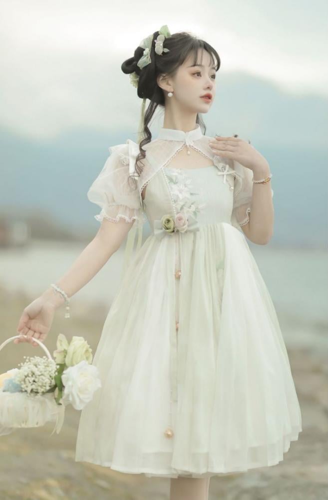 Green Floral Embroidery Dress + White Banded Collar Top