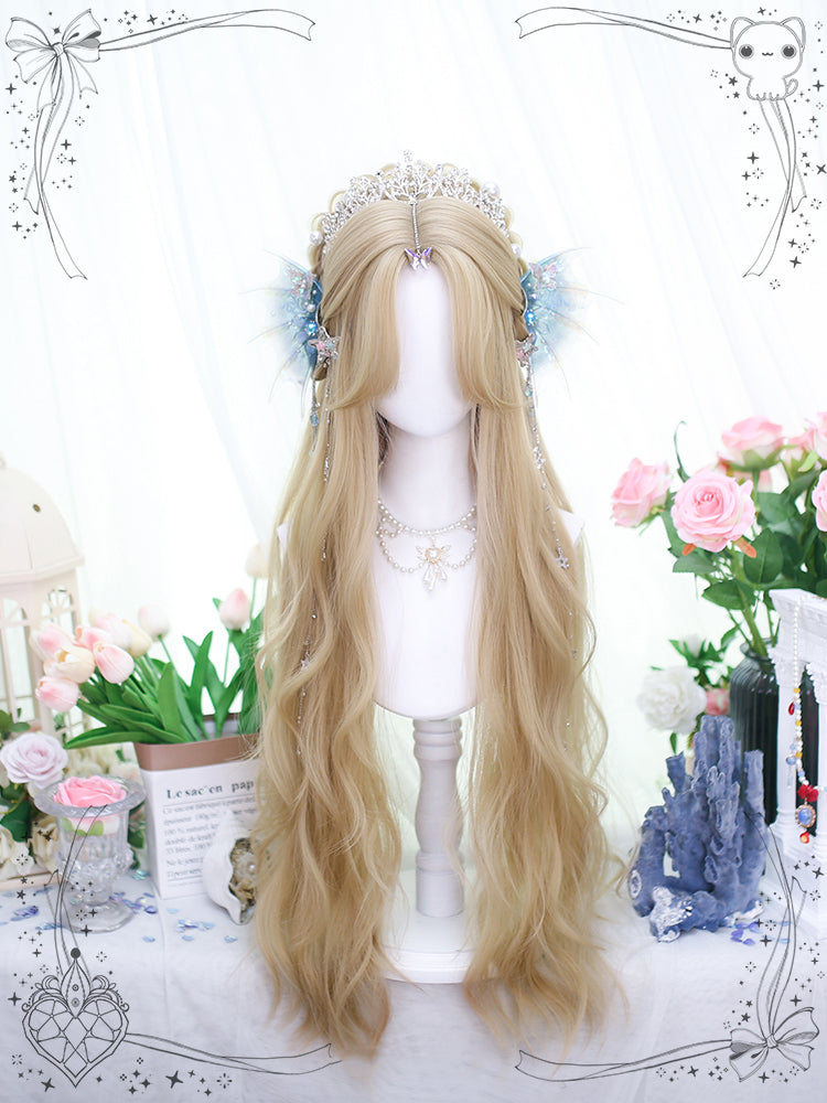 Champagne Curtain Bangs Long Wavy Synthetic Wig