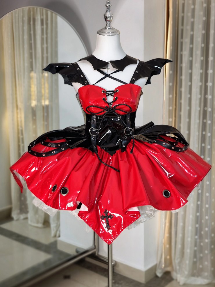 Red and Black Corset Waist Little Witch Patent Leather Jumper Skirt