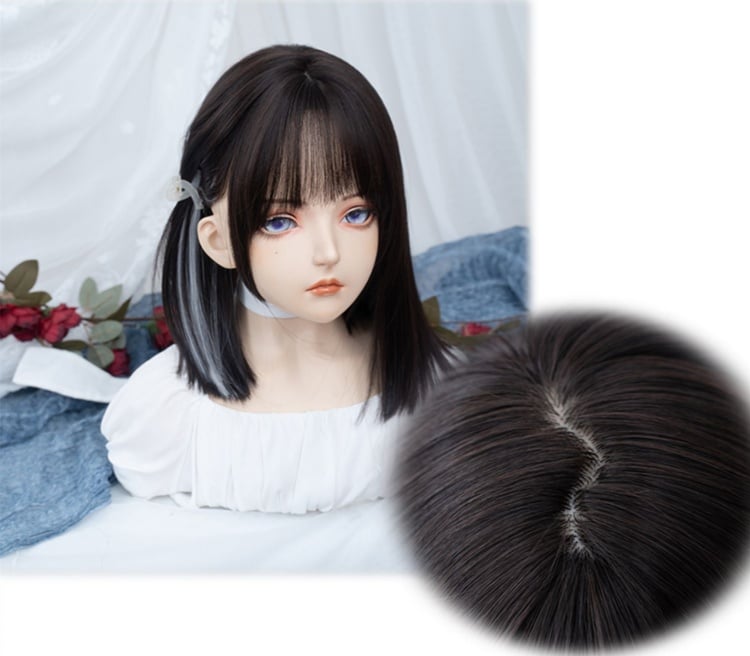 Gray Highlights Straight Dark Brown Synthetic Wig