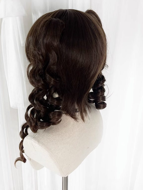 Dark Brown Curly Synthetic Wig with Detachable Ponytails