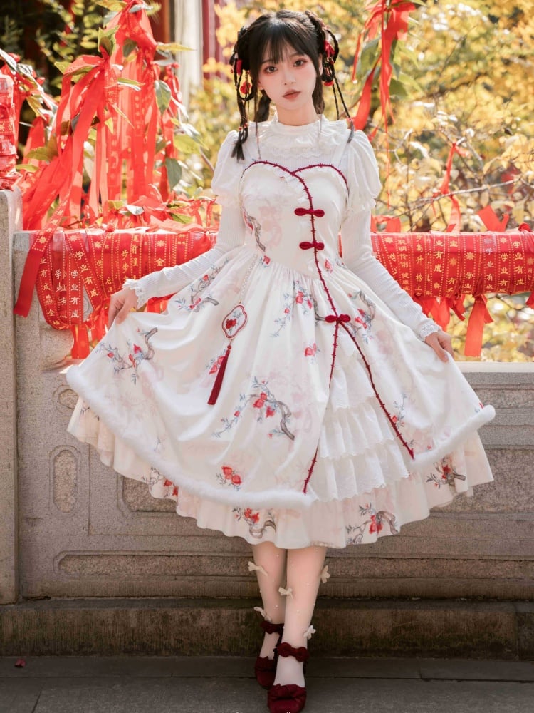 Pomegranate Print White and Red Knot Buttons Jumper Skirt