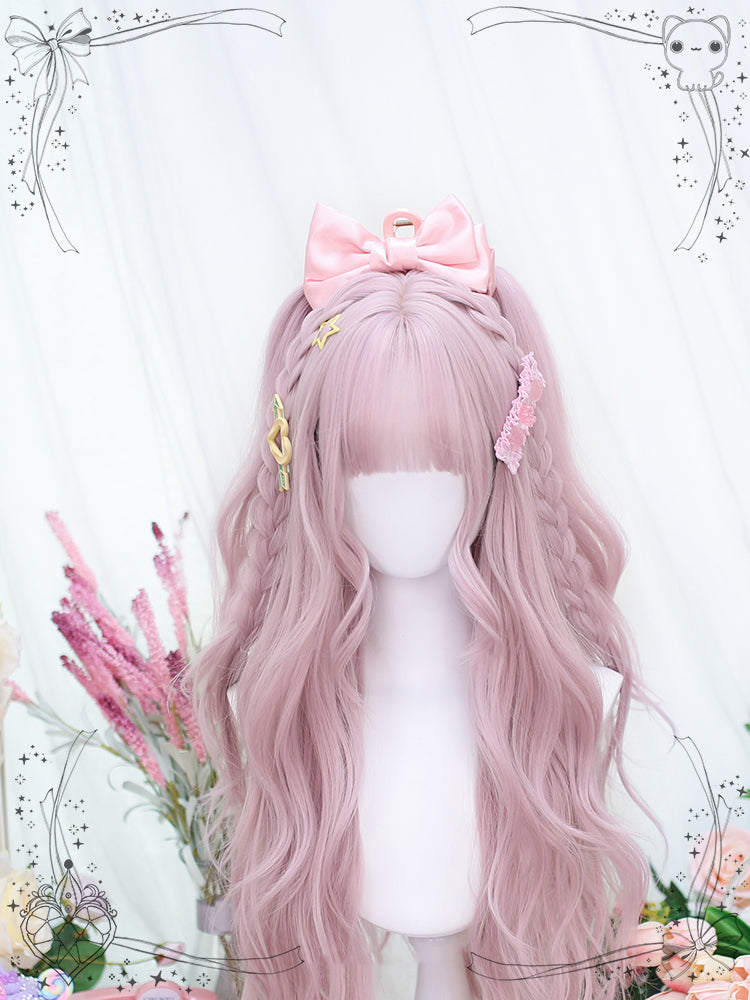 Peach Pink Air Bangs Long Wavy Synthetic Wig