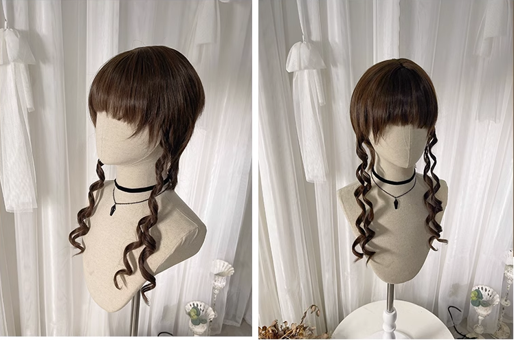 Dark Brown Curly Synthetic Wig with Detachable Ponytails