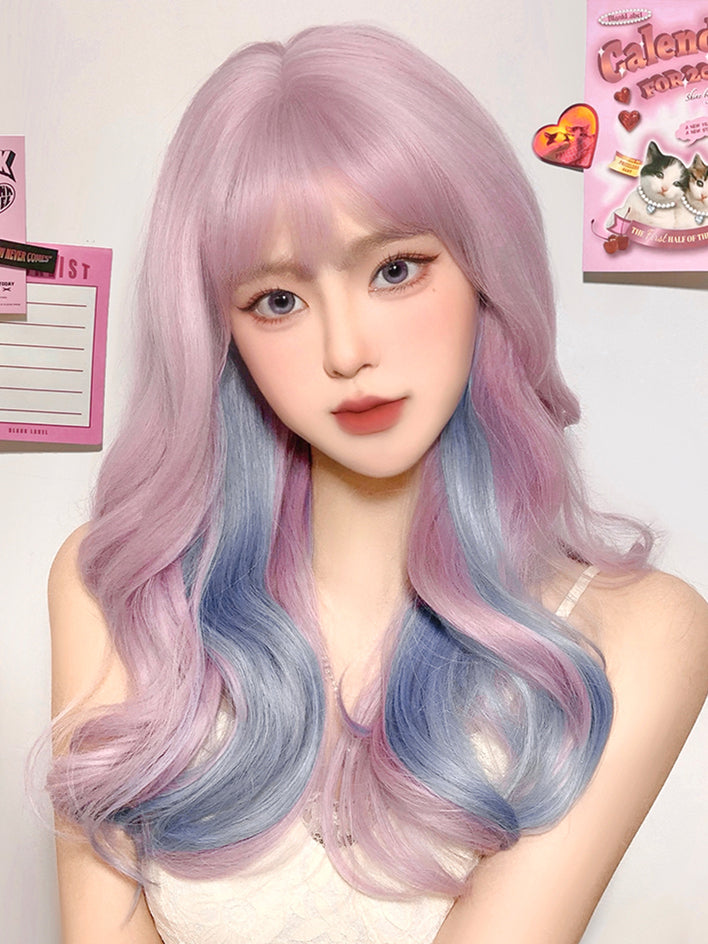 Highlight Blue Wavy Pink Synthetic Wig