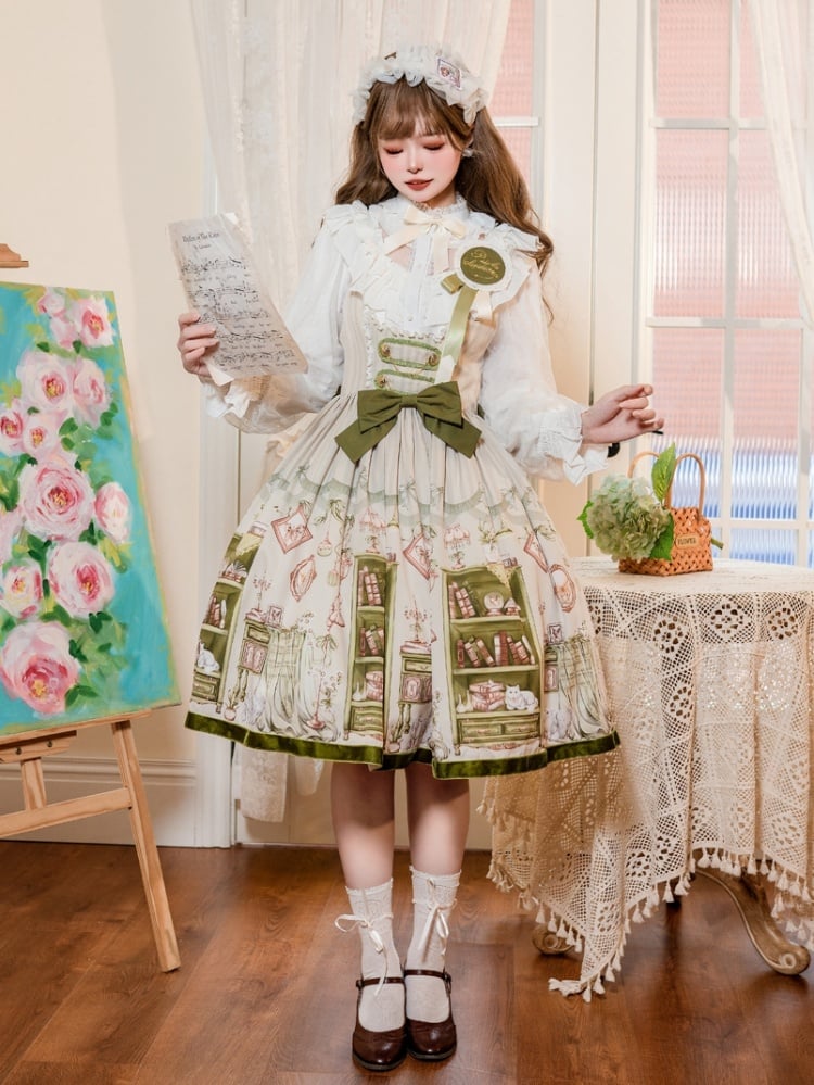 Green Bookshelf Print Underbust Neckline Jumper Skirt