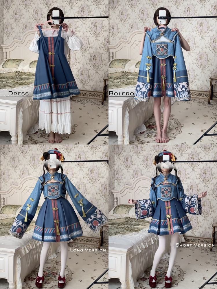 Little Zombie Dark Blue Golden Knot Button JSK Qi Dress