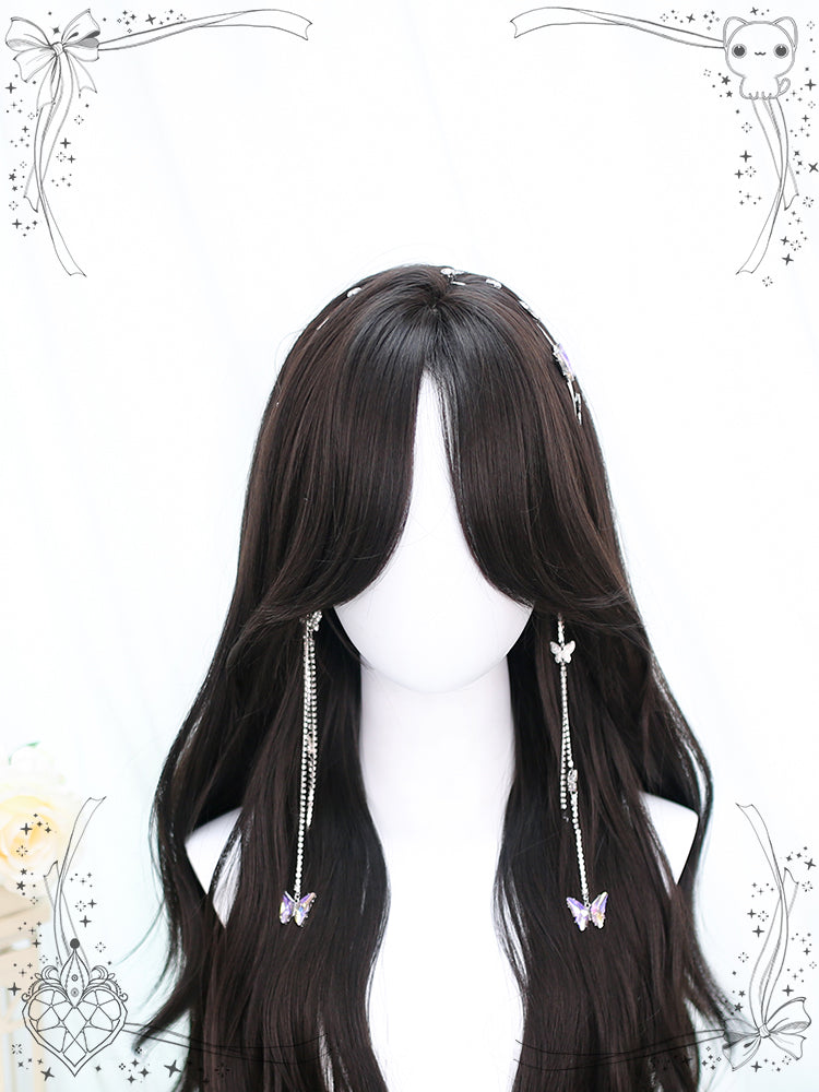 Curtain Bangs Black-brown Long Wavy Synthetic Wig