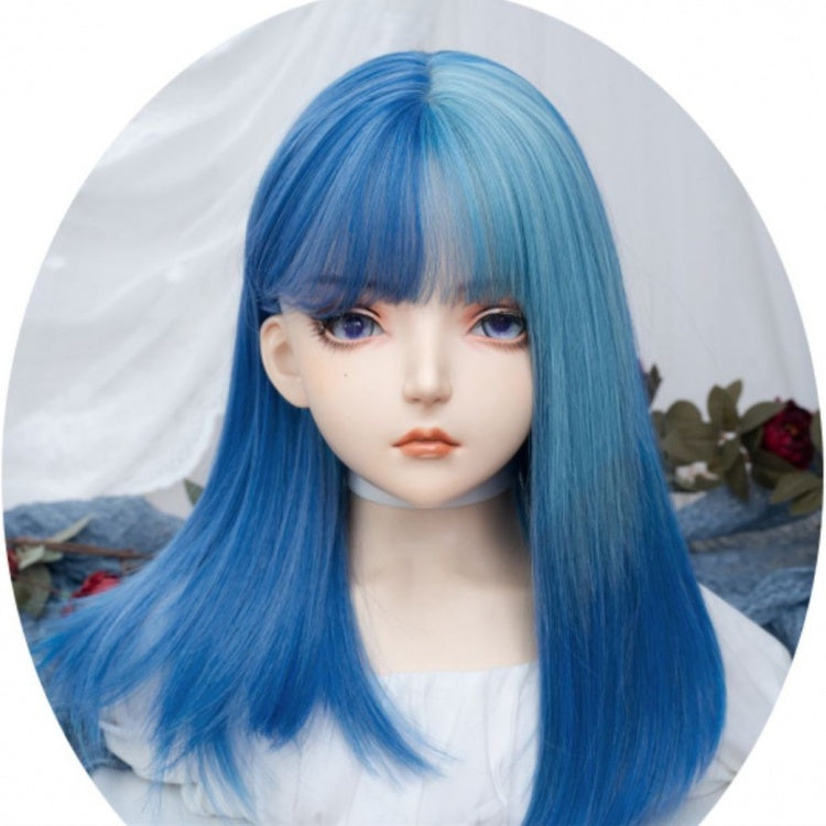 Split Color Bangs Cyan Highlights Sky Blue Straight Synthetic Wig