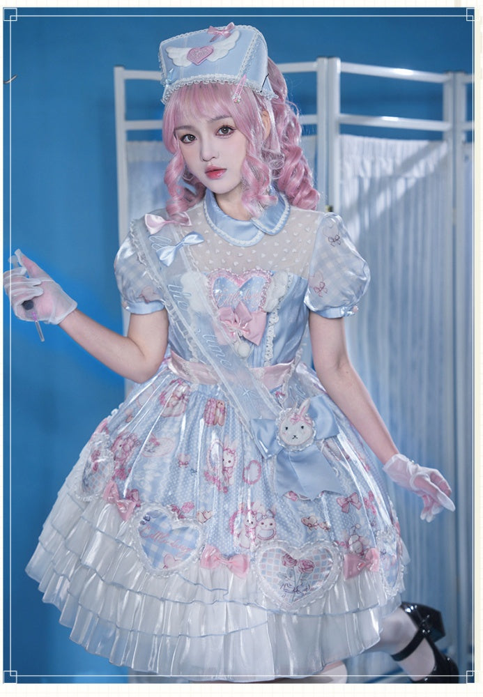 Light Blue Bunny Print One Piece Puff Sleeves Sweet Dress