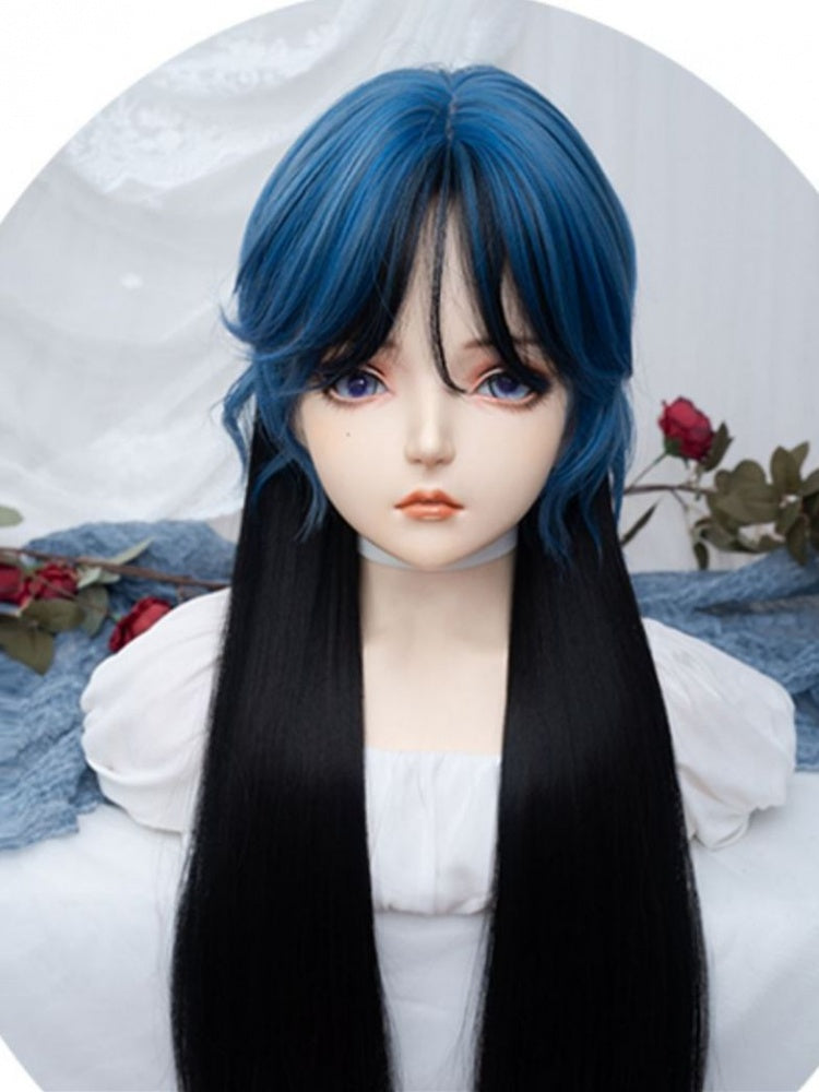 Dark Blue Highlights Black Long Straight Synthetic Wig