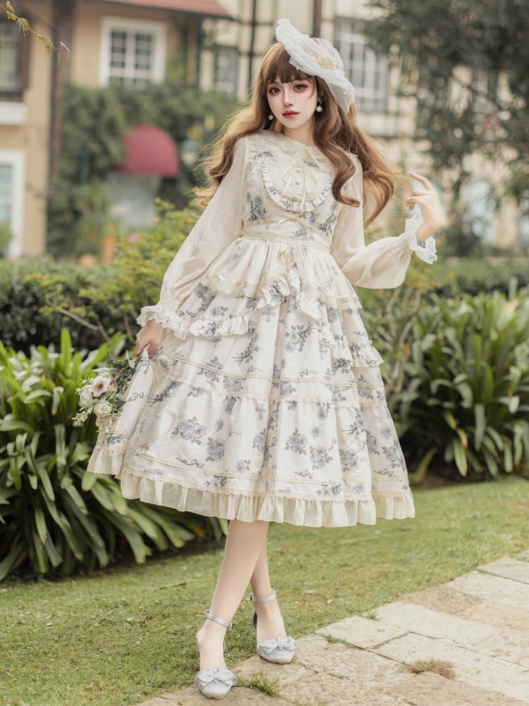 Apricot Elegant Floral Dress Rosette Print Jumper Skirt - Sukuroi