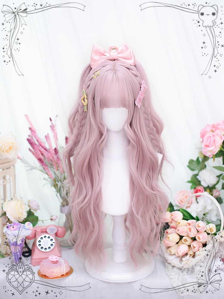 Peach Pink Air Bangs Long Wavy Synthetic Wig