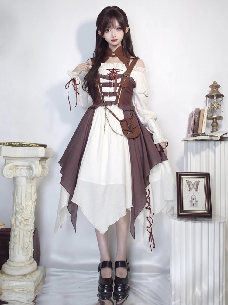 Brown Pirate Vibes Jumper Skirt Full Set Dress + Shirt + Collar