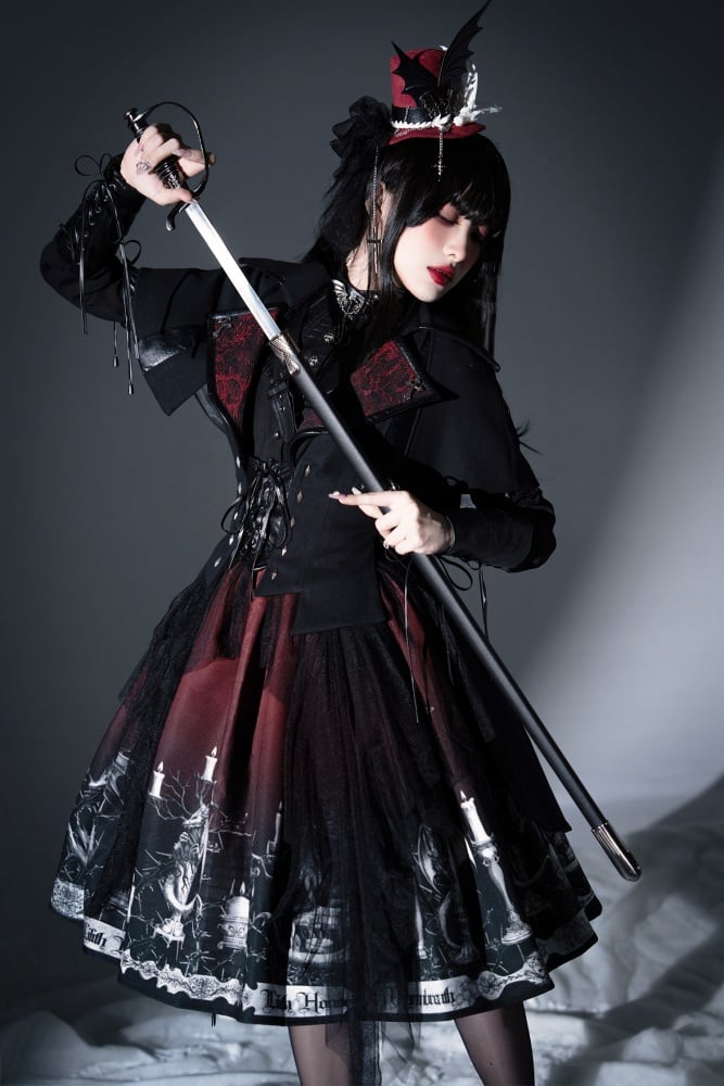 Dragon's Breath Black and Red Dragon and Candle Print Gothic Skirt with Straps - Sukuroi