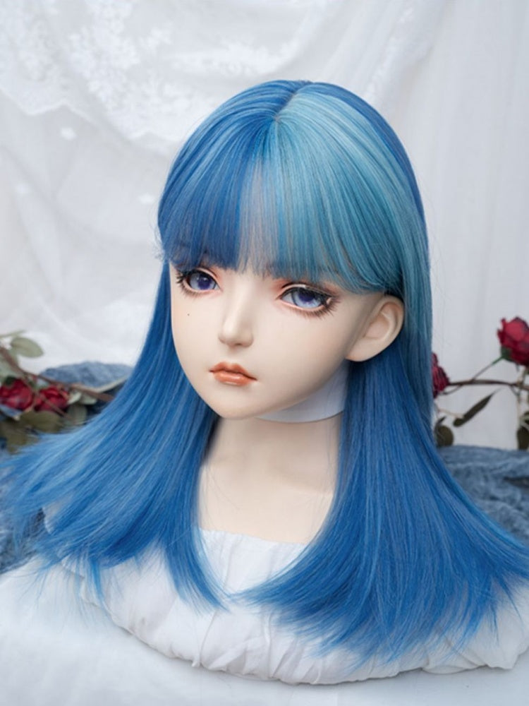 Split Color Bangs Cyan Highlights Sky Blue Straight Synthetic Wig