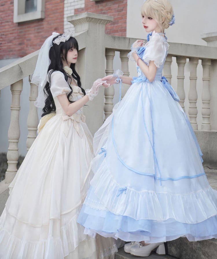 White and Blue Princess Dress Puff Sleeves Gorgeous One Piece