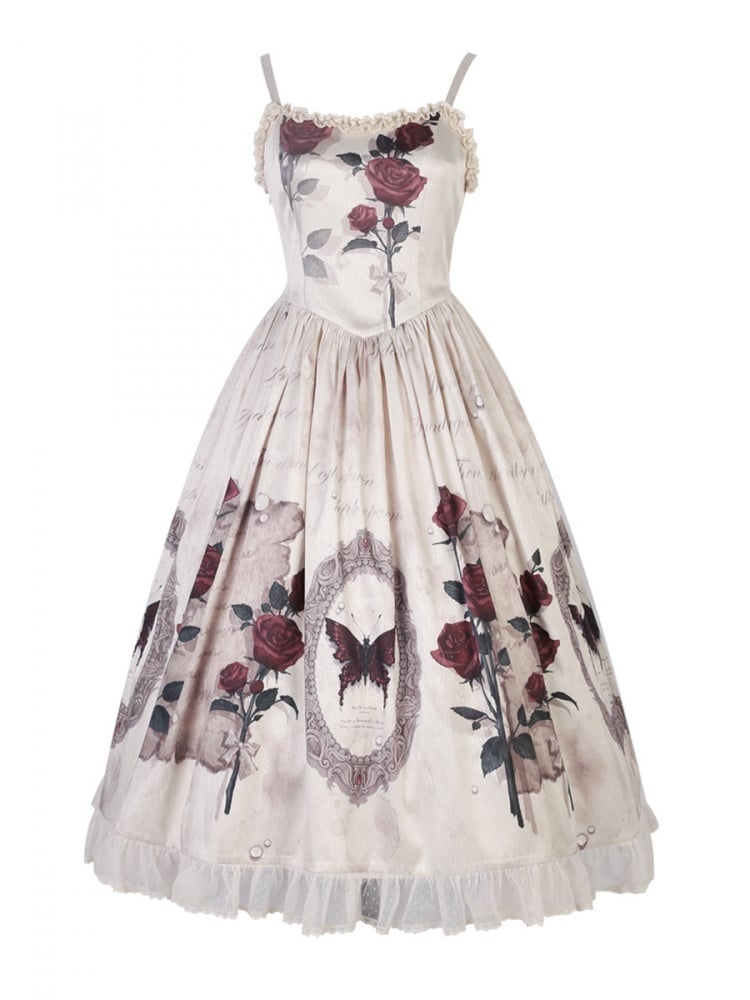 Elegant Gothic Butterfly and Rose Print Basque Waist Slip Dress