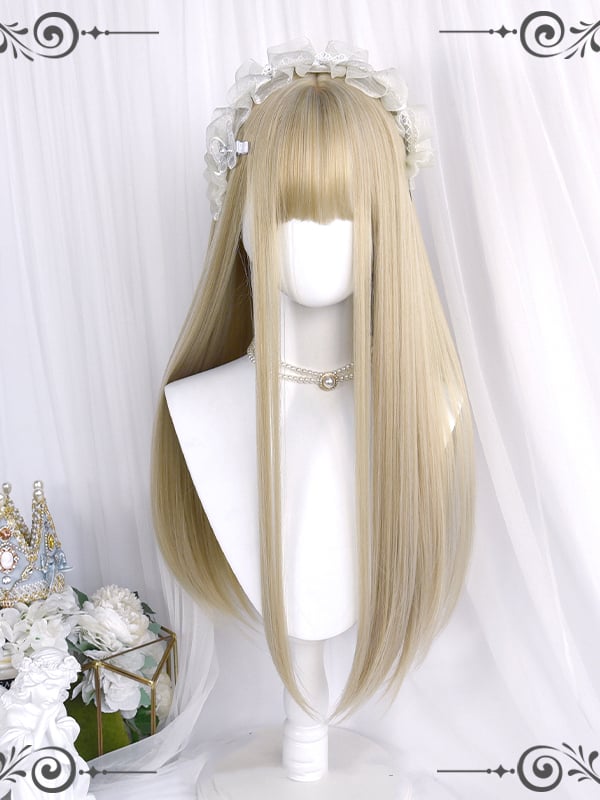 Beige Gold Long Straight Synthetic Wig with Full Bangs