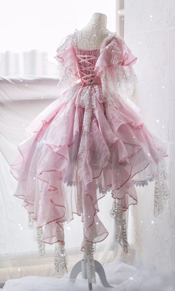 Fairycore Dress Full Set- Coral Embroidery Pink Princess Dress + Shell Tiara + Shell Wrist Cuffs