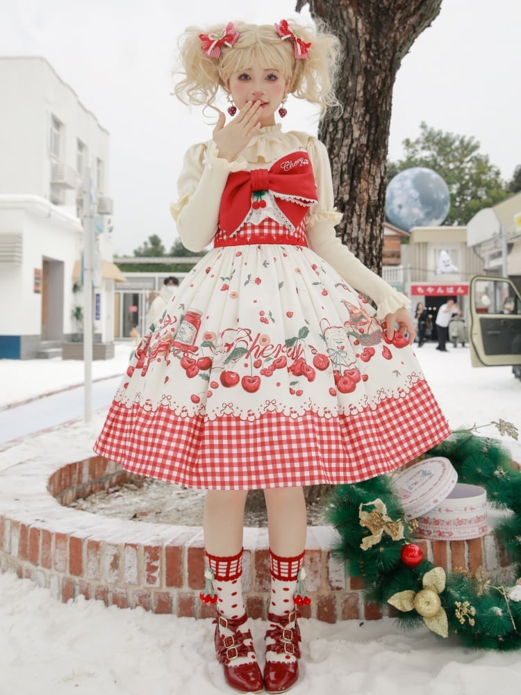 Cherry Print High Waist Red Gingham Pattern Jumper Skirt