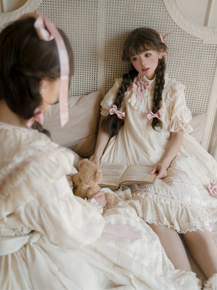 Creamy White Ruffle Trim and Pleating Details Short Sleeves One Piece