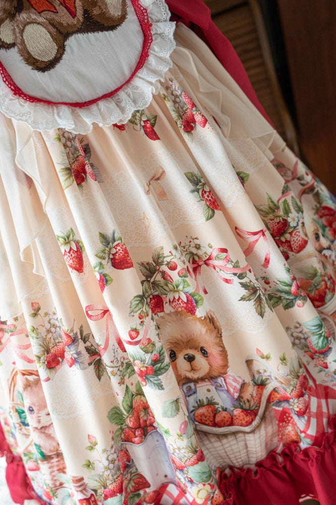 Bear Embroidery and Strawberry Print Red Sweet Jumper Skirt