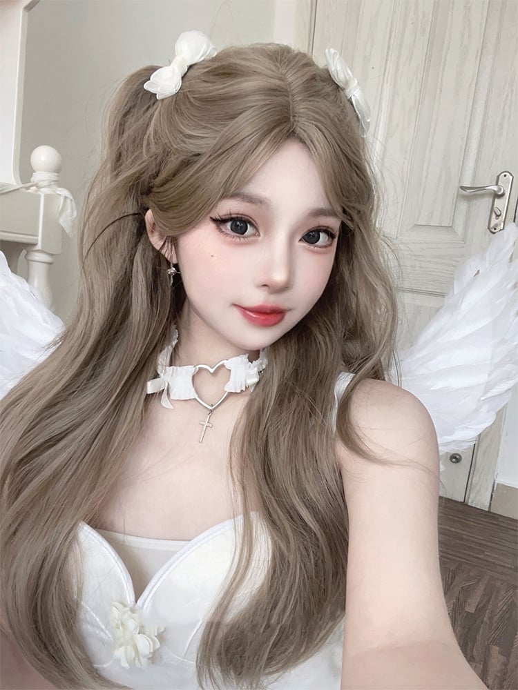 Curtain Bangs Long Wavy Milk Tea Linen Color Synthetic Wig