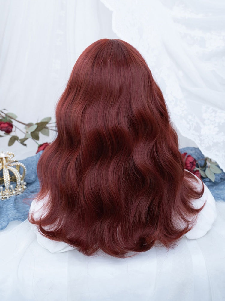 Full Bangs Medium Wavy Wine Red Synthetic Wig