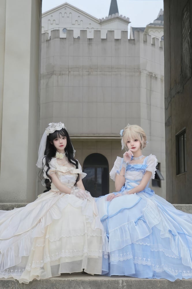 White and Blue Princess Dress Puff Sleeves Gorgeous One Piece