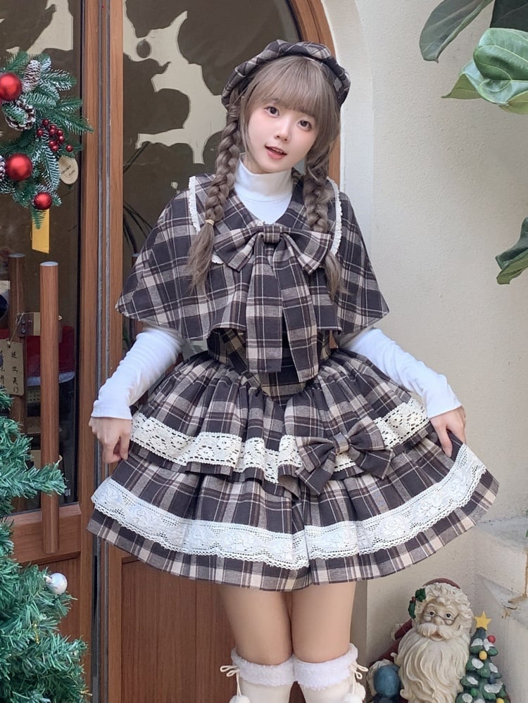 Brown Plaid Pattern Little Detective Jumper Skirt + Cape + Beret - Sukuroi