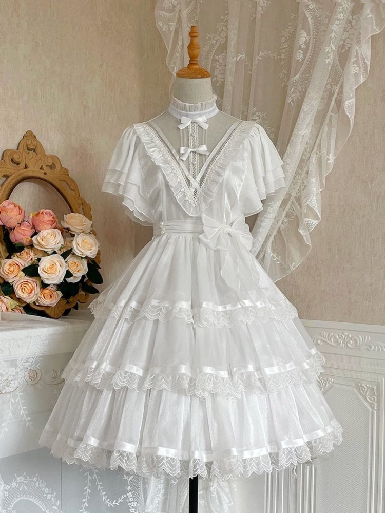 Dawn Night Banquet White Illusion Neckline Flounce Sleeves Tiered Skirt and Ruffle Trim Short Sleeves Lolita OP