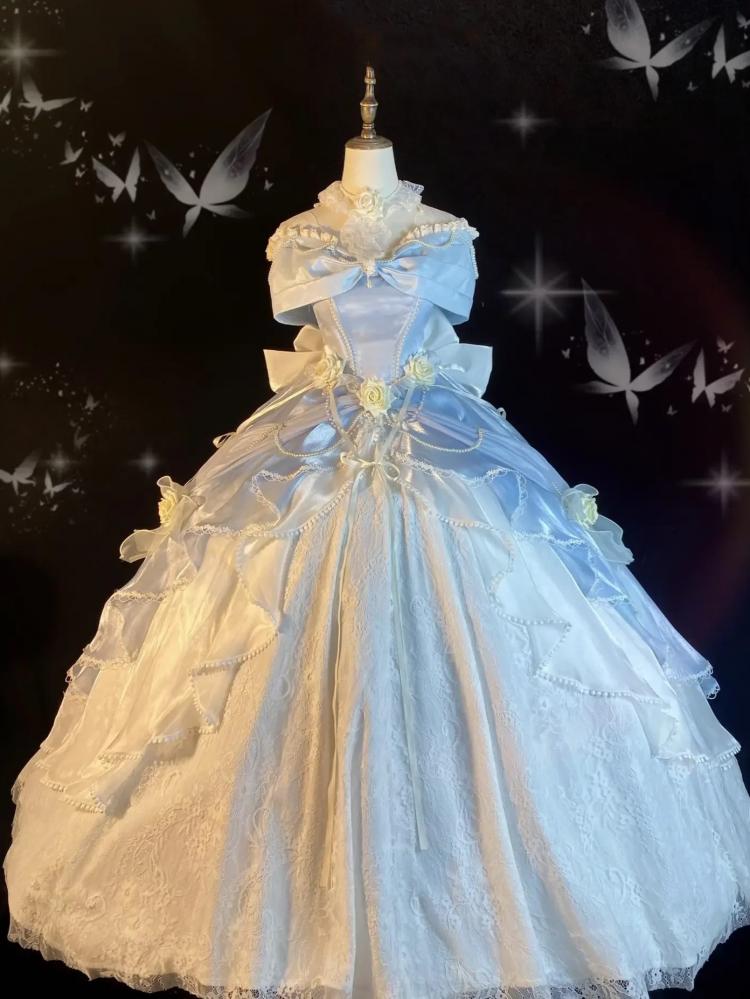 Cinderella Blue Princess Quinceanera Dress Roses and Bead Chains Ball Gown Long Version