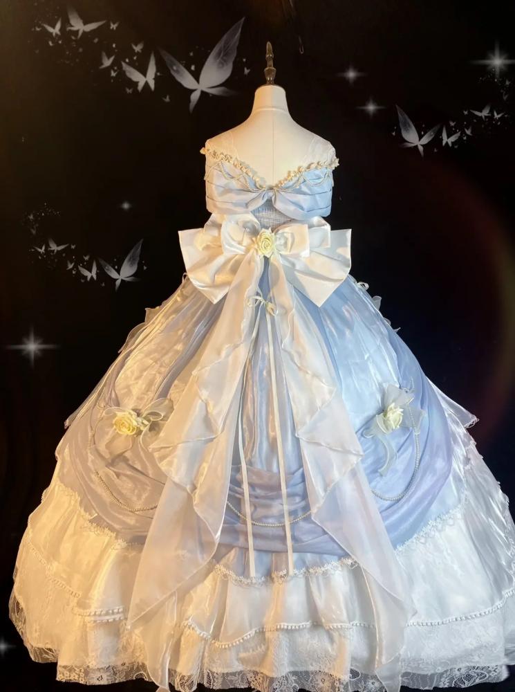 Cinderella Blue Princess Quinceanera Dress Roses and Bead Chains Ball Gown Long Version