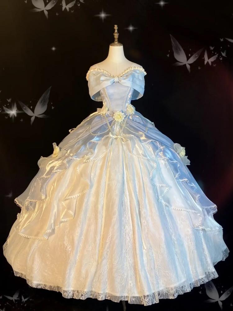 Cinderella Blue Princess Quinceanera Dress Roses and Bead Chains Ball Gown Long Version