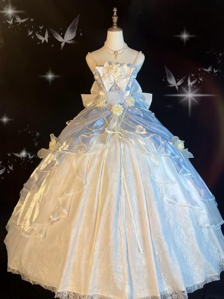 Cinderella Blue Princess Quinceanera Dress Roses and Bead Chains Ball Gown Long Version