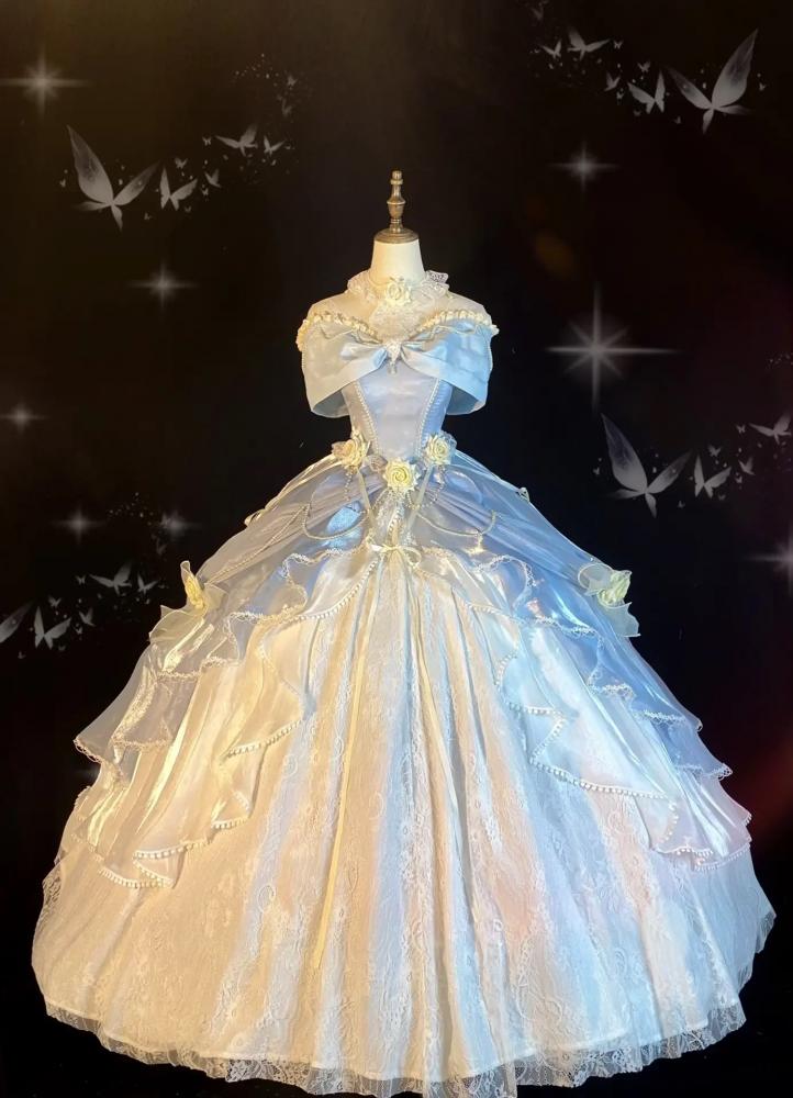 Cinderella Blue Princess Quinceanera Dress Roses and Bead Chains Ball Gown Long Version