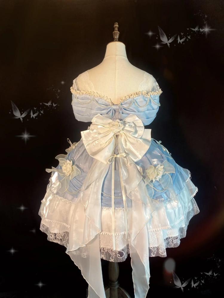 Cinderella Blue Princess Quinceanera Dress Roses and Bead Chains Ball Gown Short Version