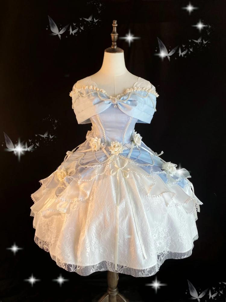 Cinderella Blue Princess Quinceanera Dress Roses and Bead Chains Ball Gown Short Version