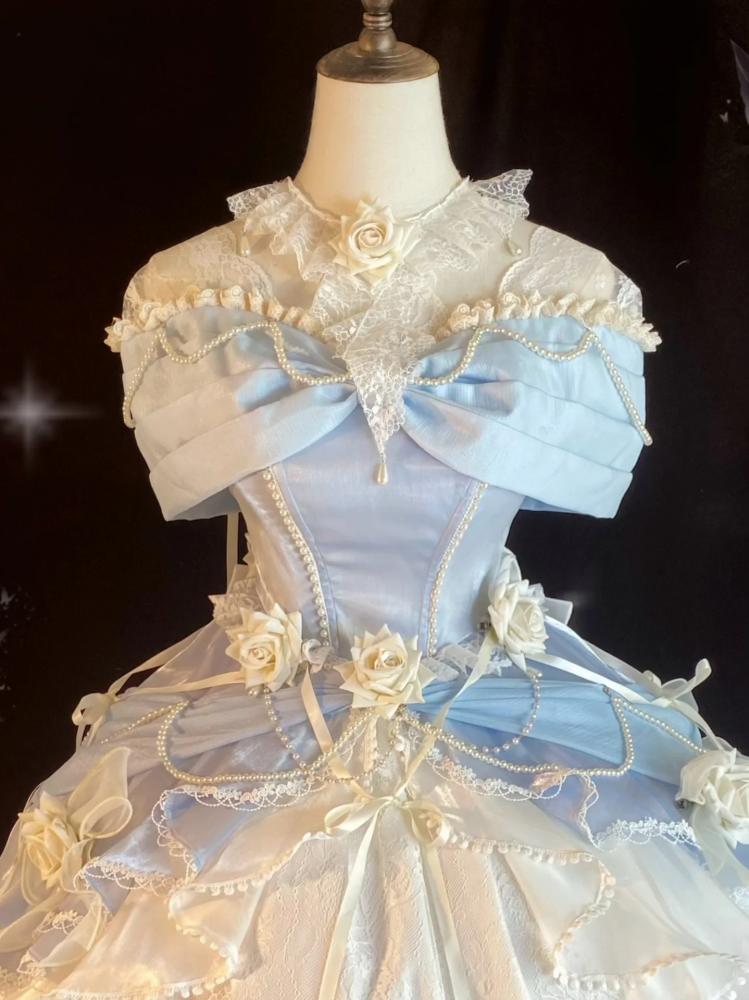 Cinderella Blue Princess Quinceanera Dress Roses and Bead Chains Ball Gown Short Version