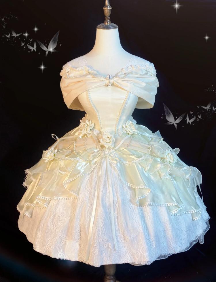 Belle Ivory Princess Dress Roses Knee Length Ball Gown Hanayome Dress