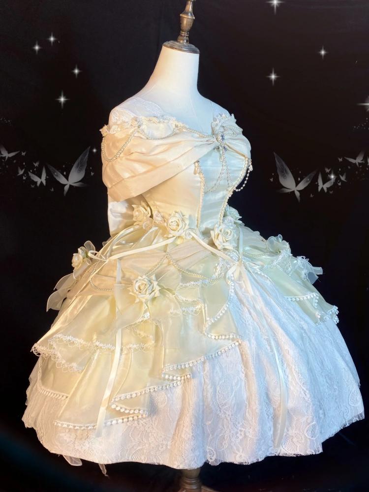 Belle Ivory Princess Dress Roses Knee Length Ball Gown Hanayome Dress